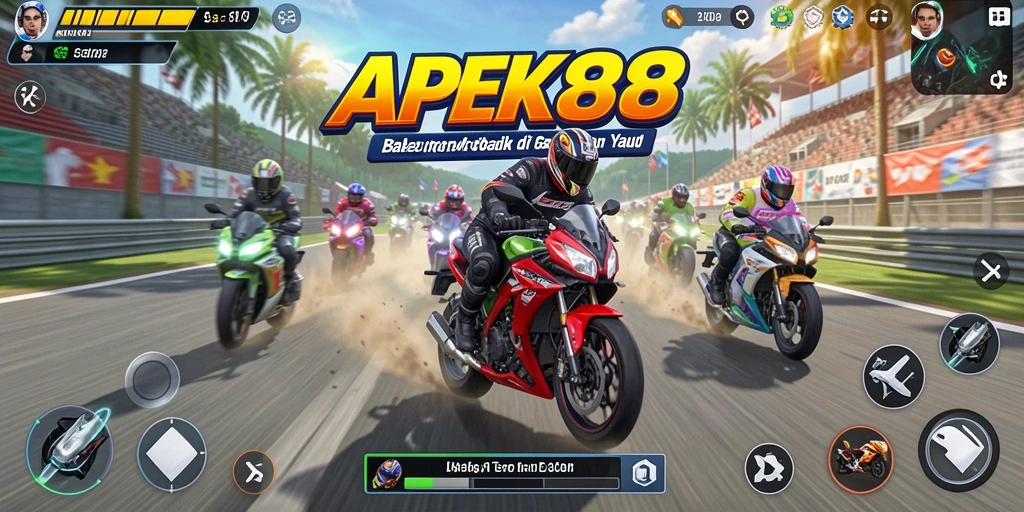 Tampilan gameplay APEK88 yang memukau dan penuh aksi balapan motor.
