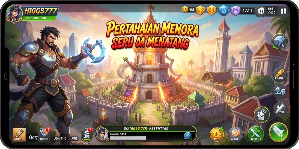 Tampilan gameplay seru HIGGS777 dalam pertahanan menara.