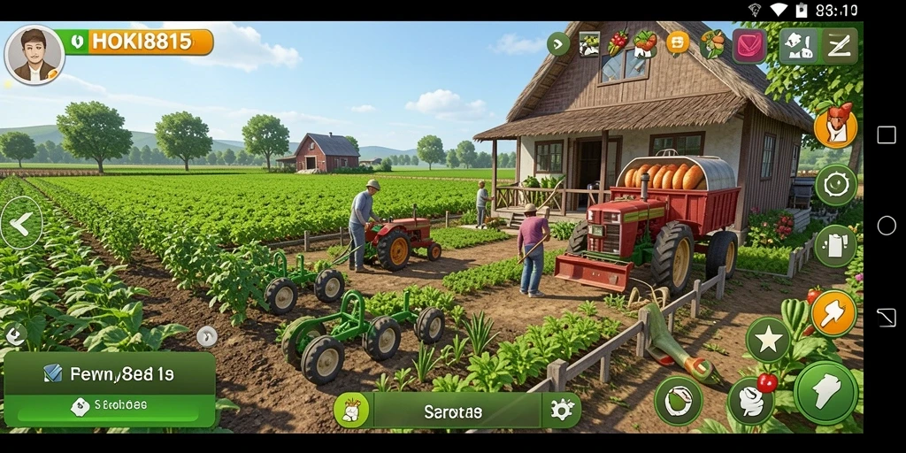 Screenshot gameplay HOKI8815 dengan lahan pertanian yang indah dan hijau.