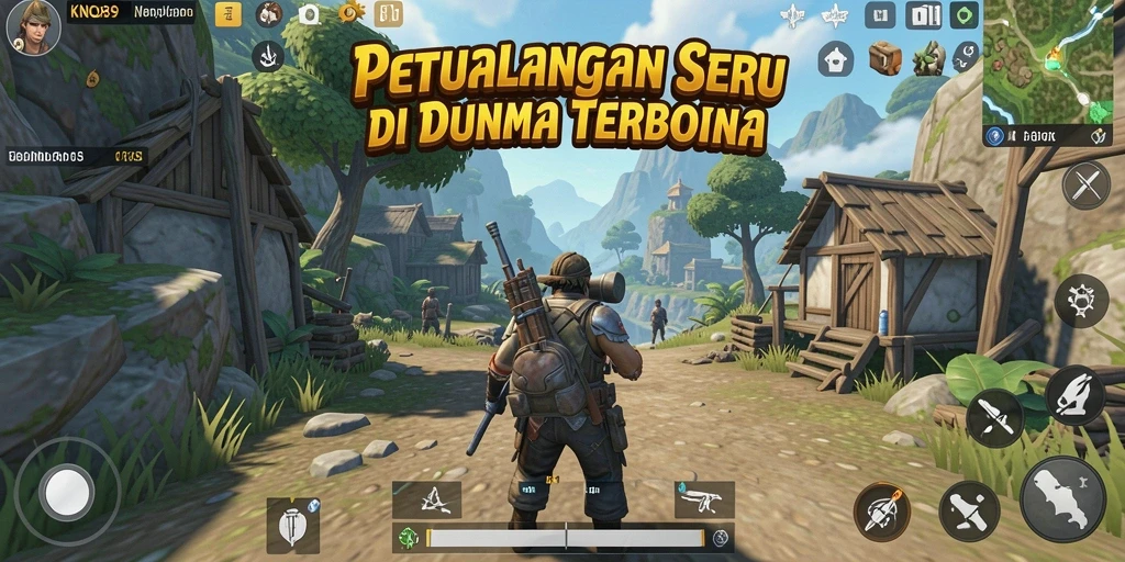 Screenshot gameplay KNO89 menampilkan eksplorasi dunia terbuka yang luas.