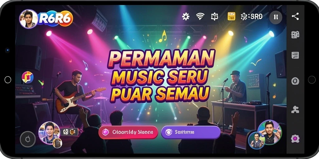 Screenshot utama R6R6 menampilkan pemain menikmati gameplay musik dengan berbagai lagu.