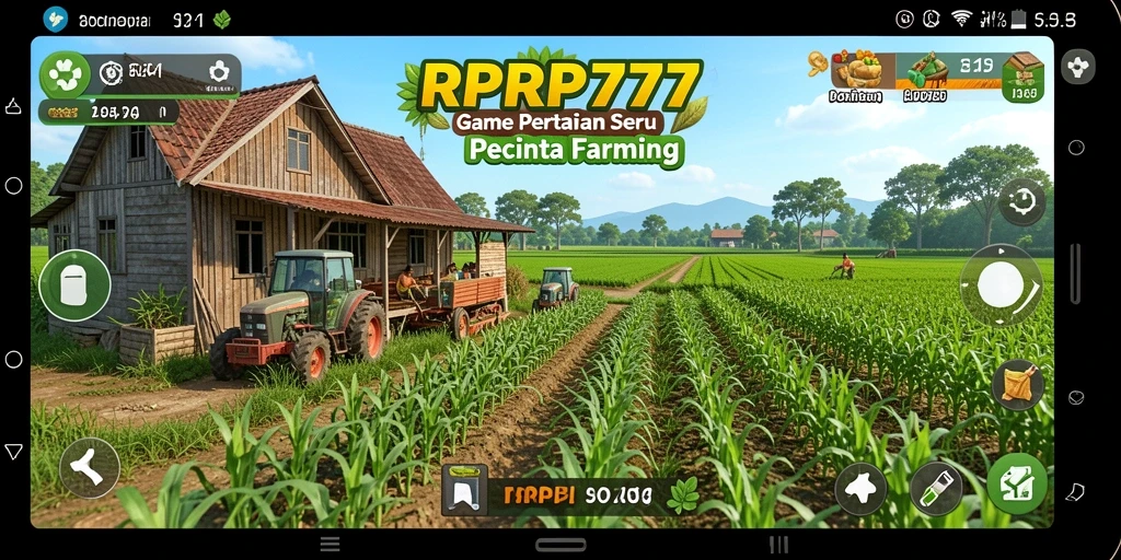 Screenshot gameplay RPRP777 menampilkan lahan pertanian yang subur dan berbagai tanaman.
