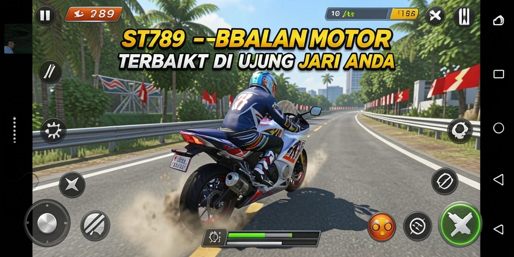 Tampilan gameplay ST789 yang penuh aksi dan kecepatan balapan motor.